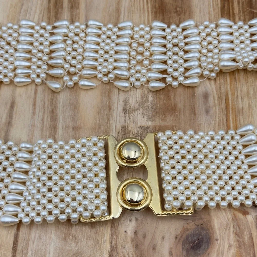 Vintage Faux Pearl Belt Cream Woven Elastic Gold Clasp 31 Inch Waist Statement